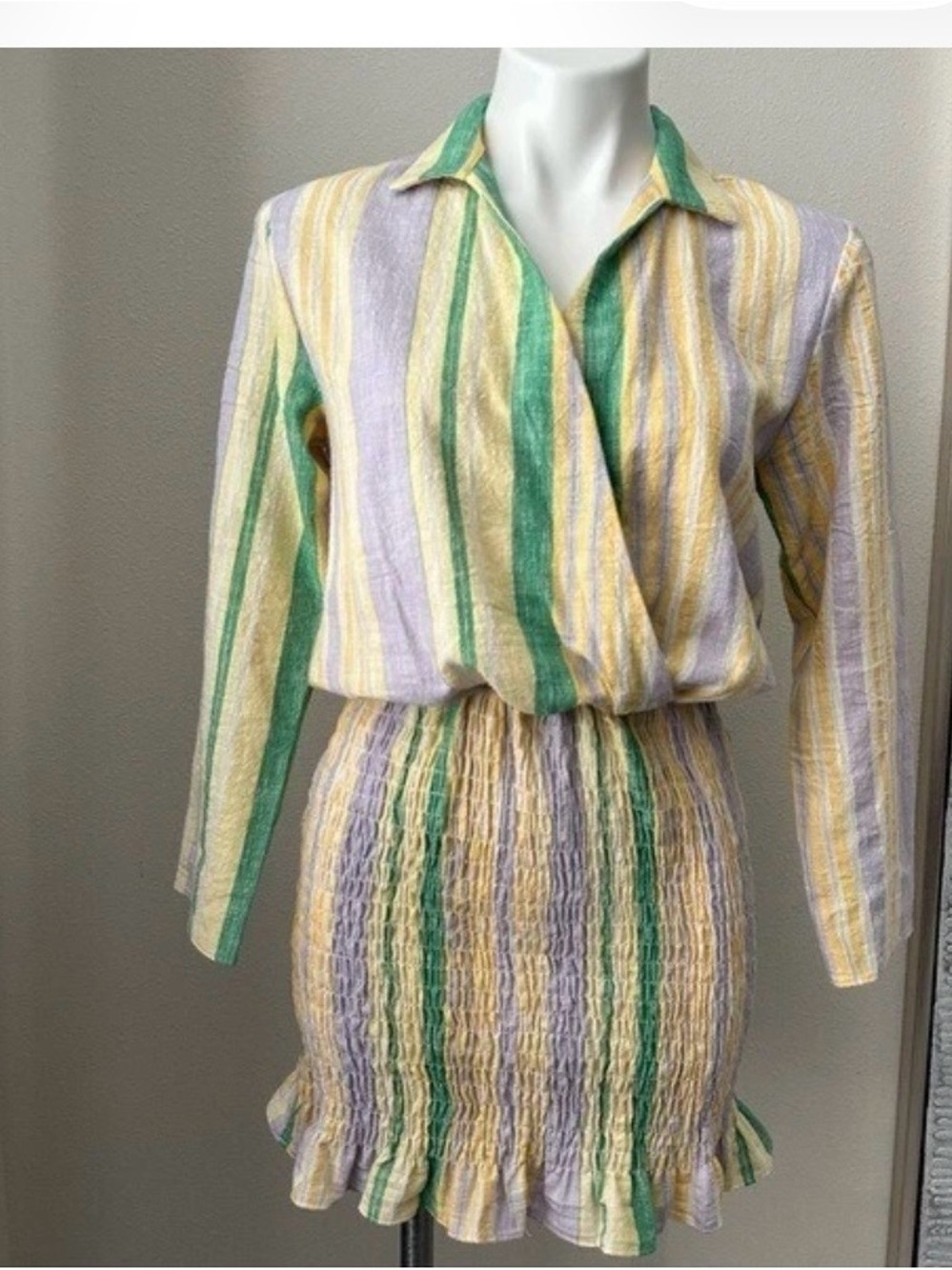 Zara Smocked Skirt Mini Dress Long Sleeve Stripe Green, Yellow Purple Large.